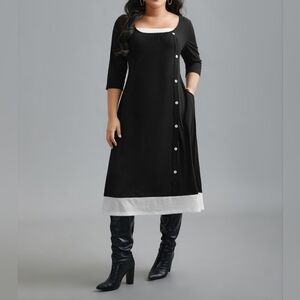 Black Button Detail Long Sleeve Dress